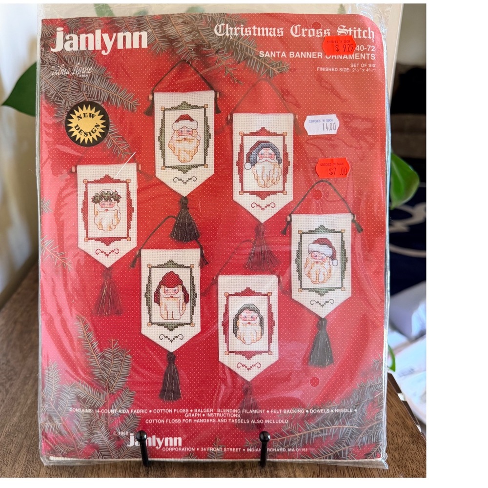 Vintage 1988 Janlynn Santa Banner Oranaments Cross Stitch Kit Christmas NOS